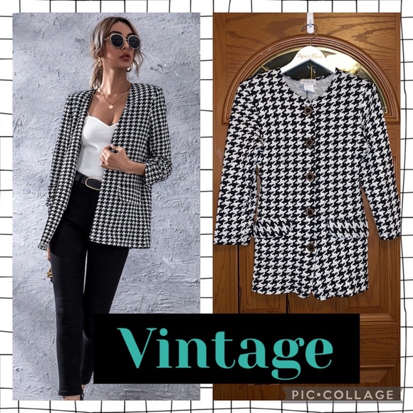 Vintage Morgin Black & White Houndstooth Print Button Front Blazer Dress Coat - Picture 1 of 16